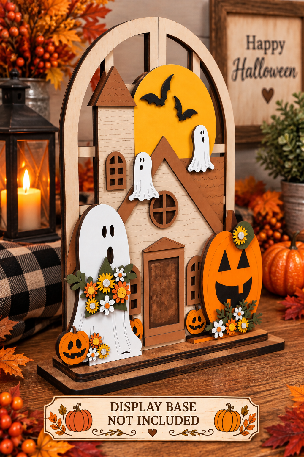 Angled view of Haunted Halloween interchangeable insert set shown with arched window. Display Base Not Included.