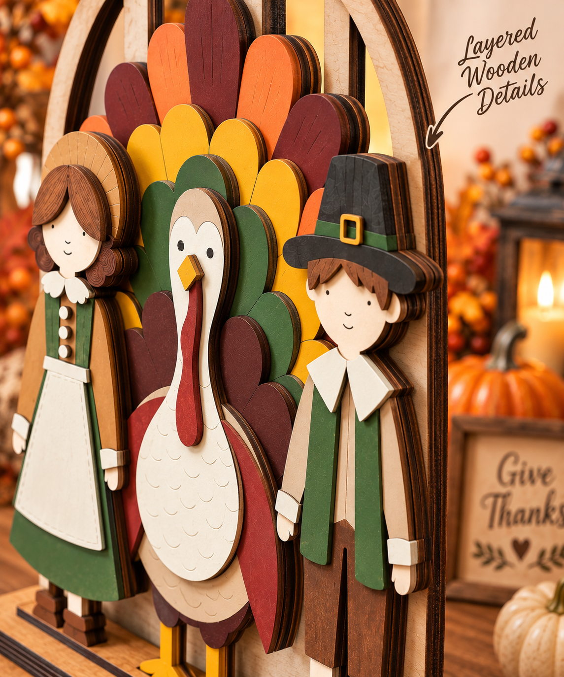 A decorative layered wooden Thanksgiving-themed display featuring a turkey, a woman in a green dress, and a man in a Pilgrim hat and coat. Text on the image highlights layered wooden details.