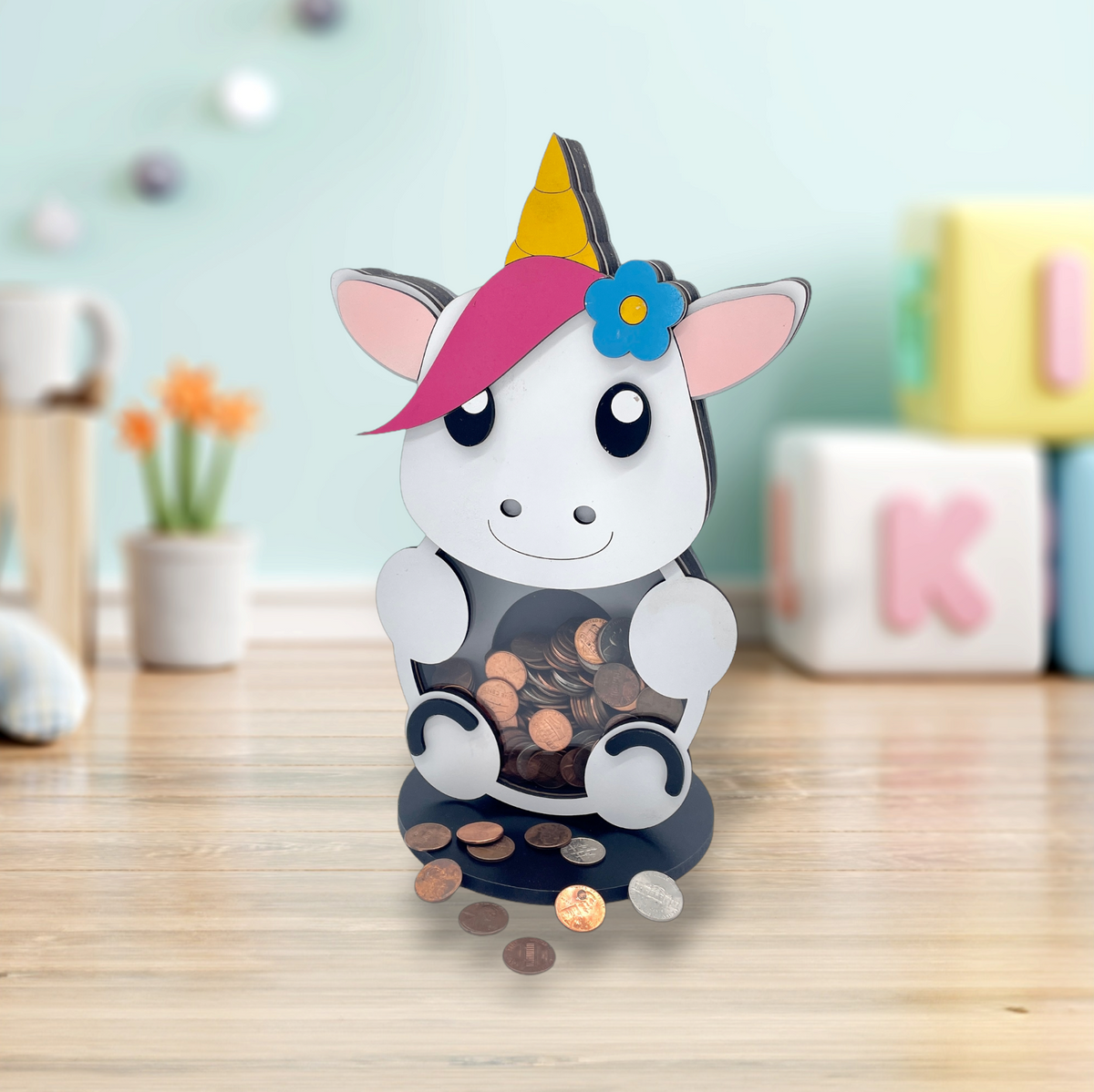 Wooden unicorn animal coin bank with clear acrylic front