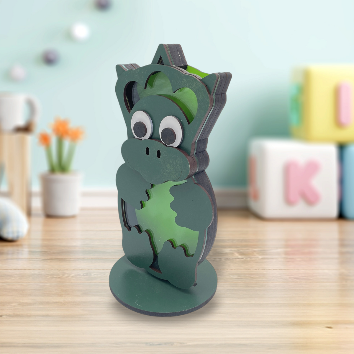 Wooden triceratops dinosaur coin bank with clear acrylic front