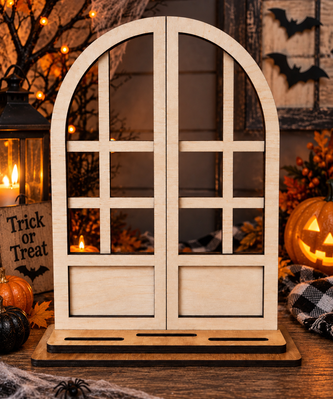 Reusable wooden arched window display base for interchangeable seasonal inserts