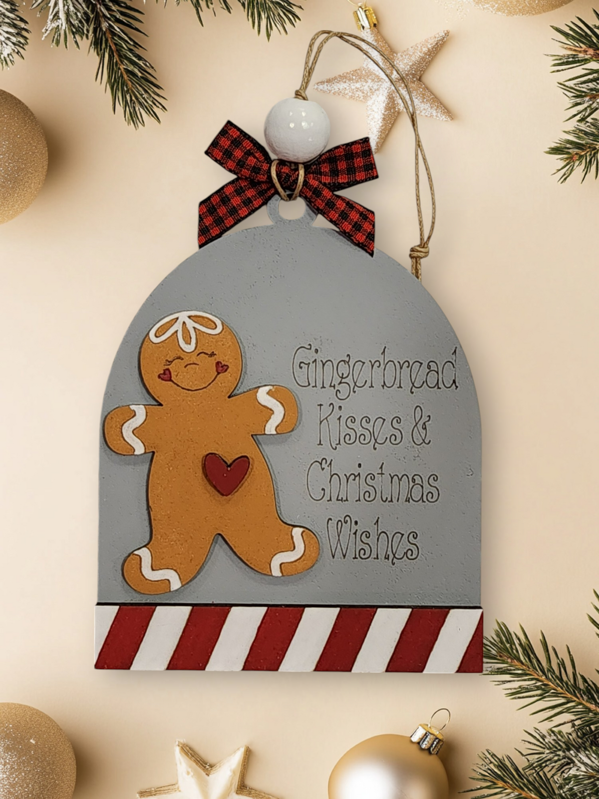 Gray Gingerbread Kisses and Christmas Wishes layered wood ornament