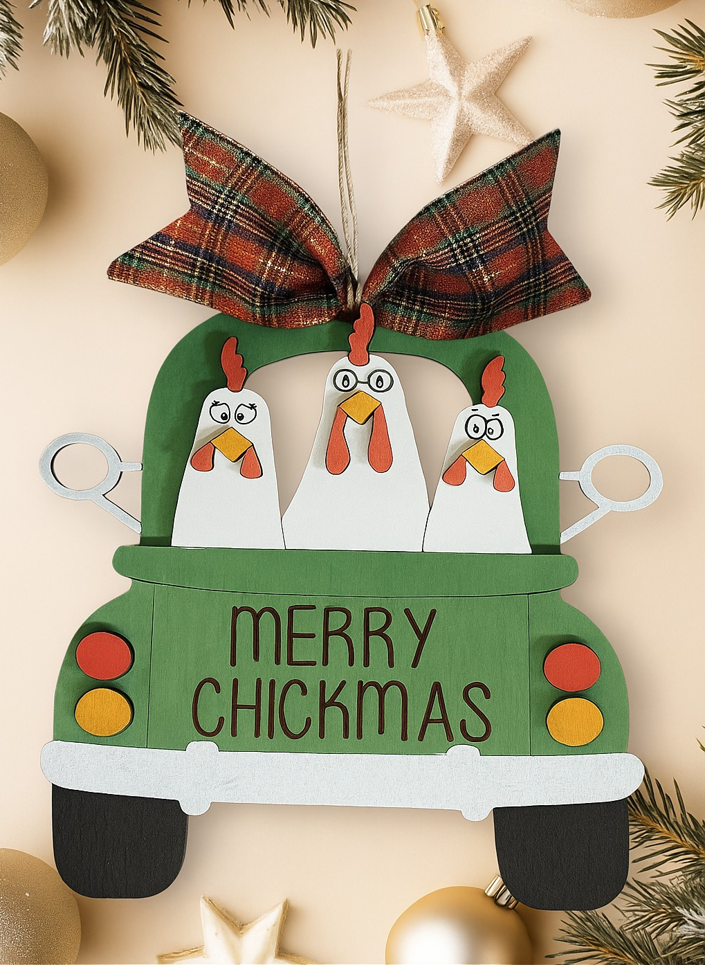 Layered wood Merry Chickmas ornament with three chickens and festive truck