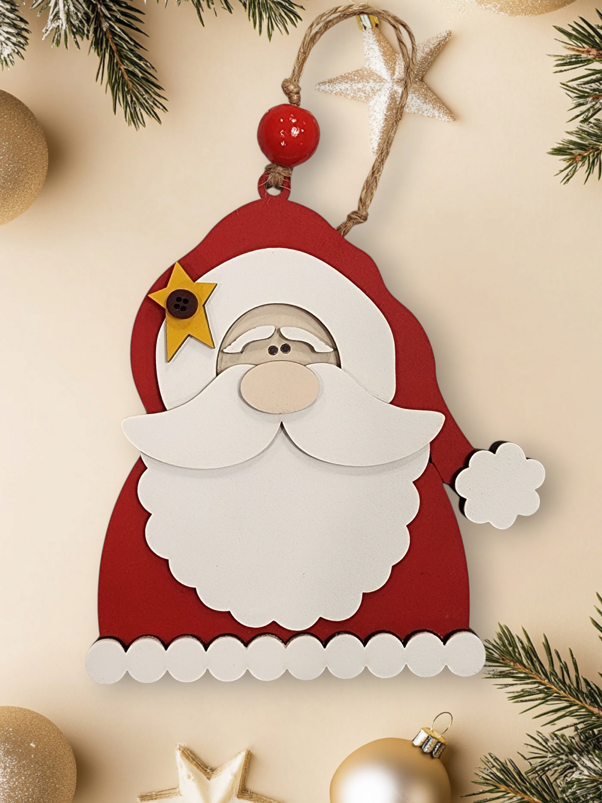 Wooden Santa Claus ornament in a red suit and star on his hat.