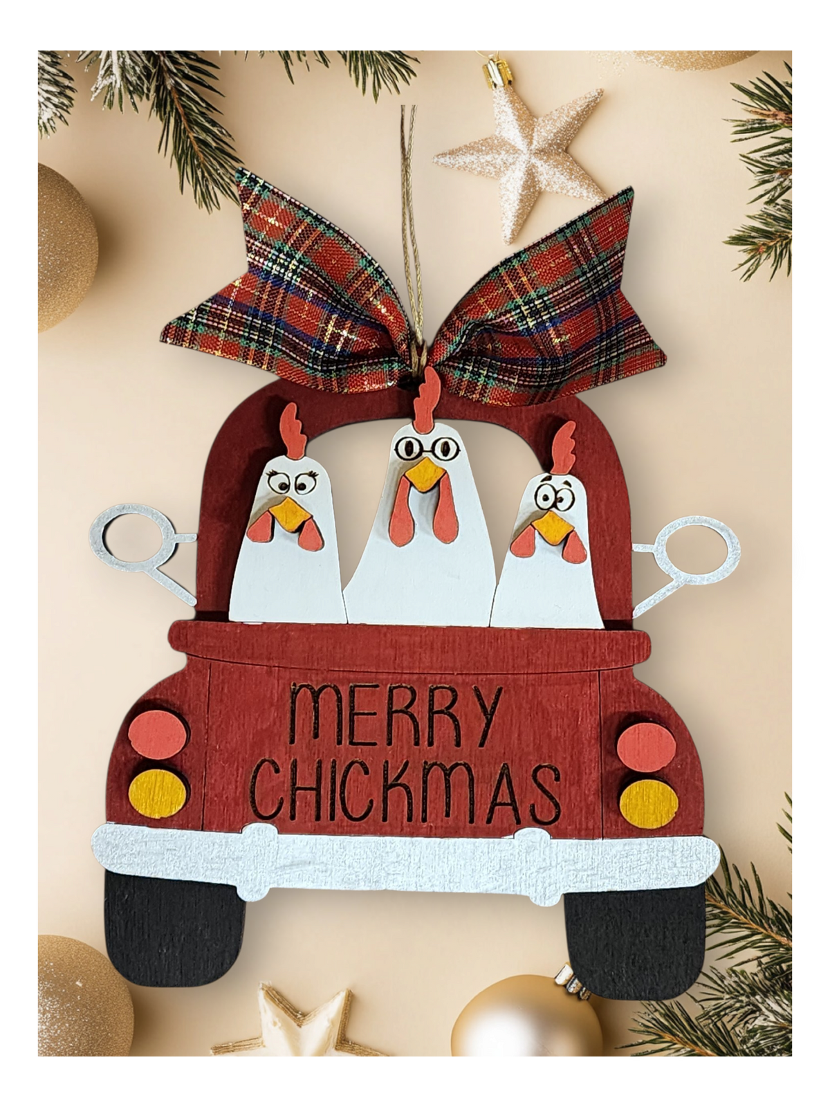 Merry Chickmas layered wood ornament with chickens riding in a festive truck
