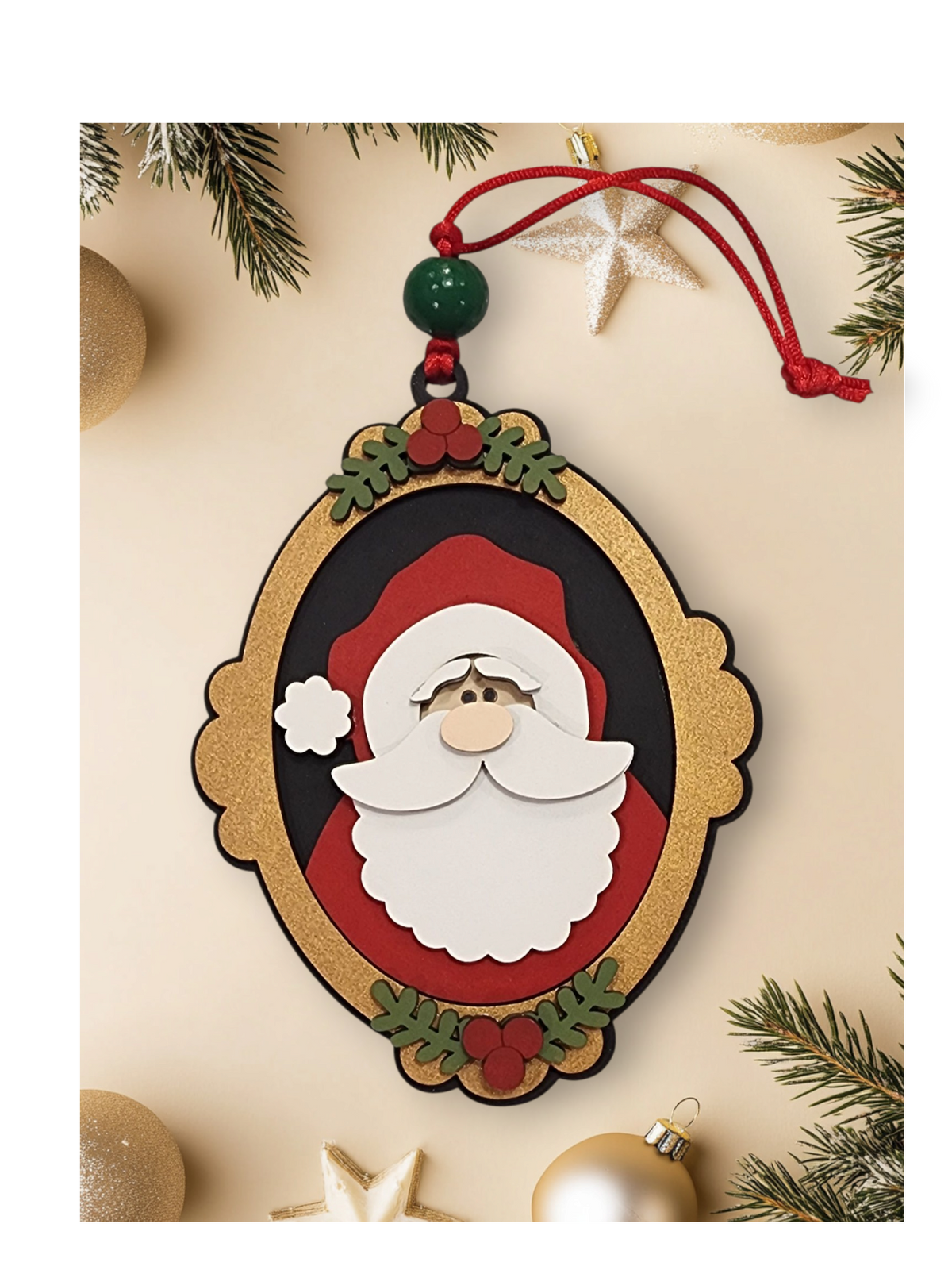 Layered wood framed Santa Claus portrait Christmas ornament with holly accents