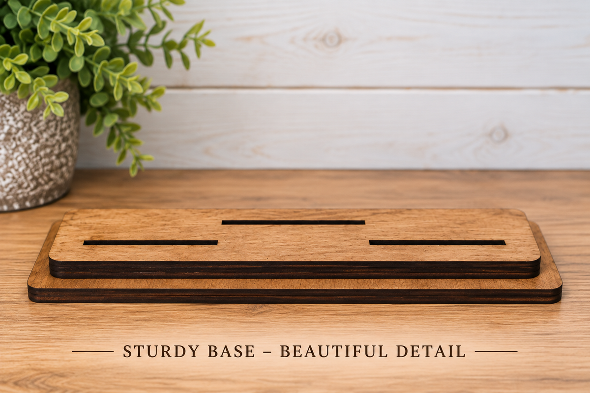 A rectangular wooden stand with three horizontal cutouts. 'STURDY BASE - BEAUTIFUL DETAIL' appears at the bottom.