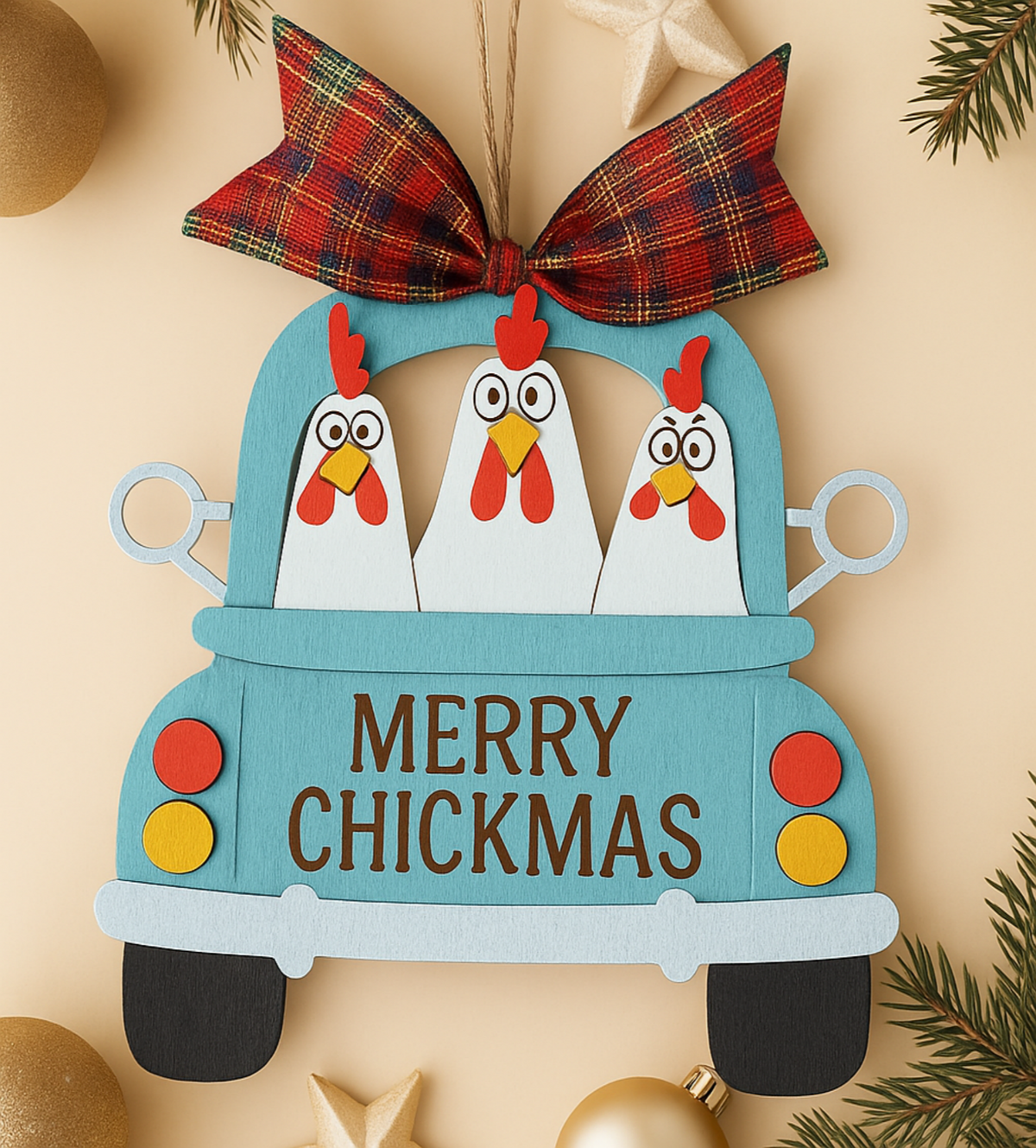 Merry Chickmas Christmas ornament featuring three chickens in a holiday truck