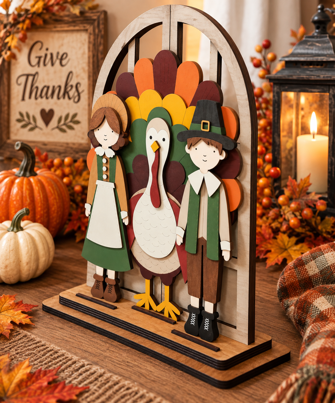 A wooden Thanksgiving-themed decorative sign featuring a turkey and two children in pilgrim clothing, displayed on a rustic wooden surface with pumpkins, fall leaves, a lantern, and a 'Give Thanks' sign in the background.