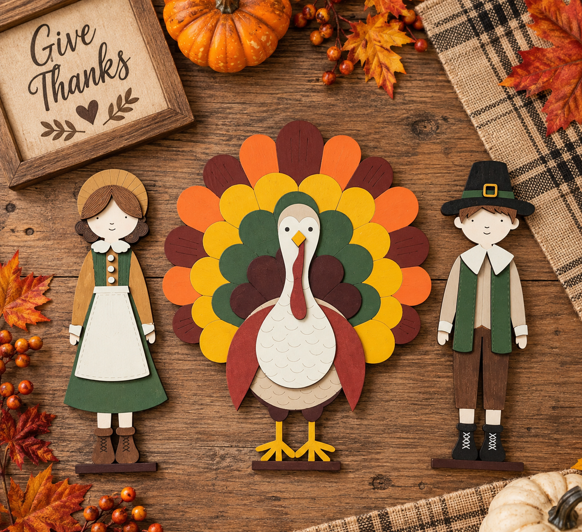 A flat-lay of autumn-themed wooden cutouts on a rustic wood surface, featuring a central turkey with layered orange, yellow, green, and brown feathers, flanked by a girl in a brown dress and a boy in a green vest and pilgrim hat. 