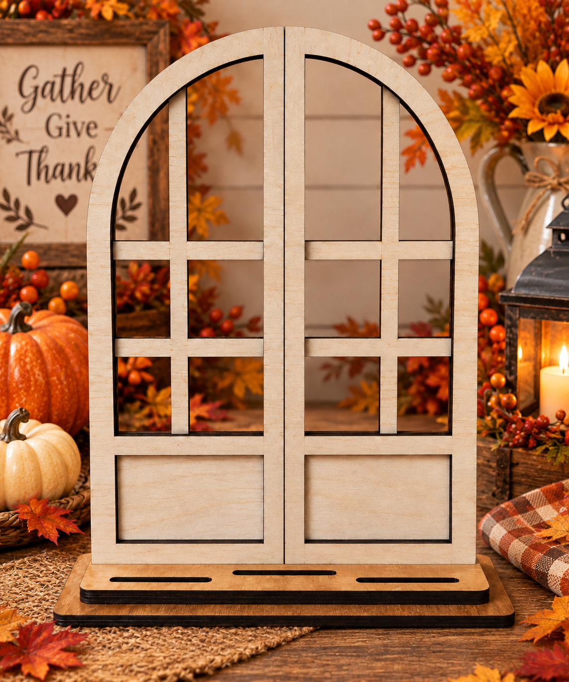 A light natural wood arched window display stand with six-pane window-style cutouts and a slatted base, styled in an autumn fall setting.