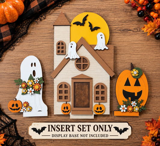 Haunted Halloween interchangeable wooden insert set with haunted house, ghosts and pumpkins