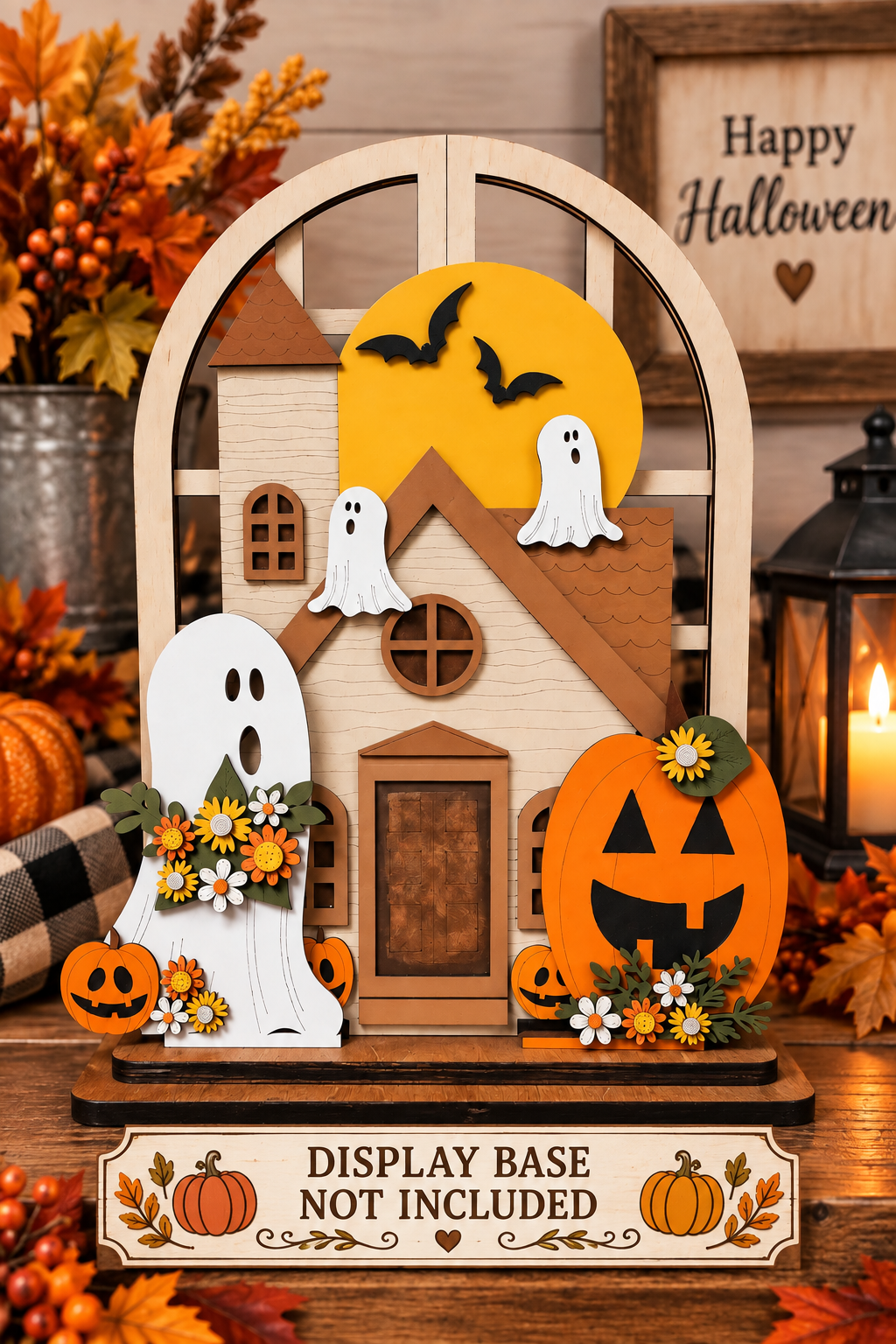Haunted Halloween interchangeable insert set shown with arched window display base, base not included