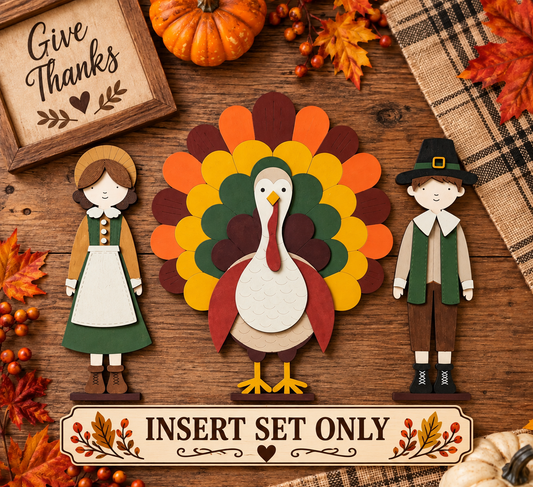 A flat-lay of a Thanksgiving-themed decorative wood cutout set featuring a turkey, a girl, and a boy.