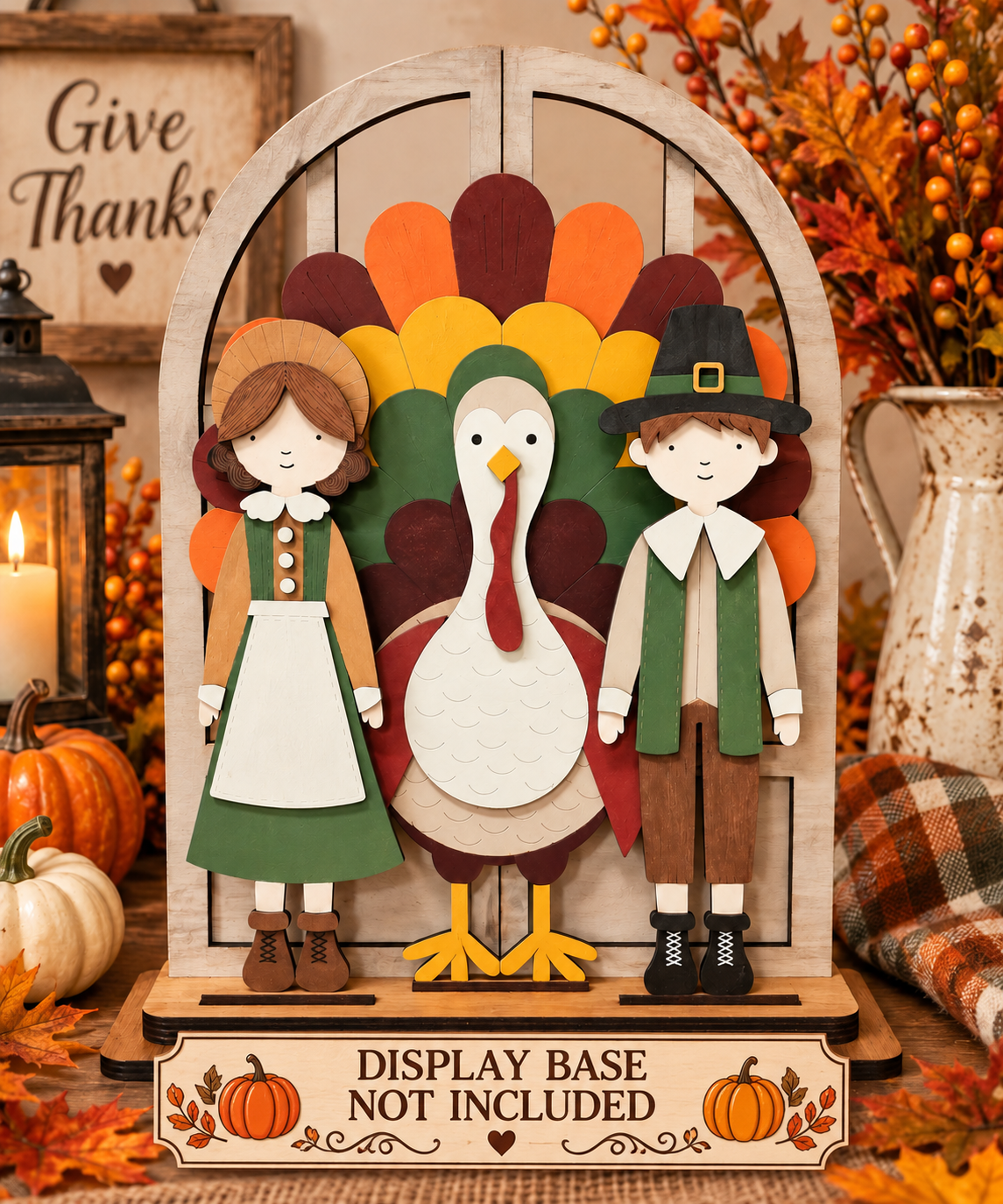 A decorative autumn-themed tabletop display featuring a stylized turkey, a girl in a pioneer dress, and a boy in a Pilgrim outfit inside an arched wooden frame, with a base labeled 'DISPLAY BASE NOT INCLUDED.