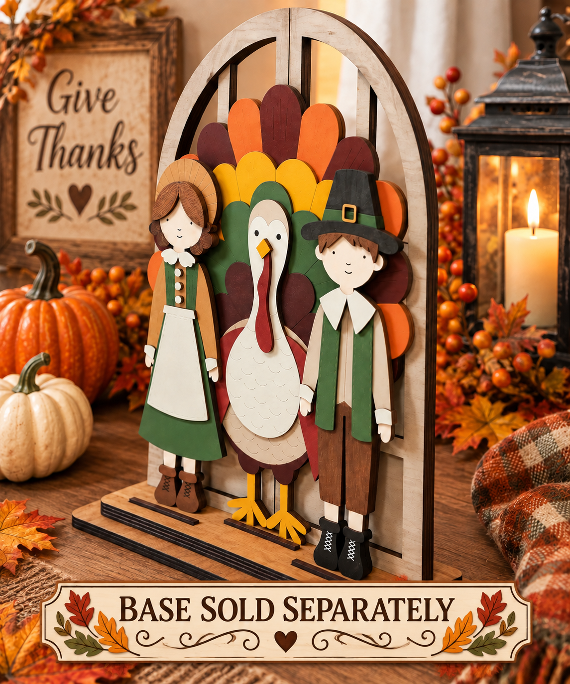 A wooden Thanksgiving-themed decorative insert set featuring a turkey and two children in pilgrim clothing. A banner at the bottom reads 'BASE SOLD SEPARATELY'.