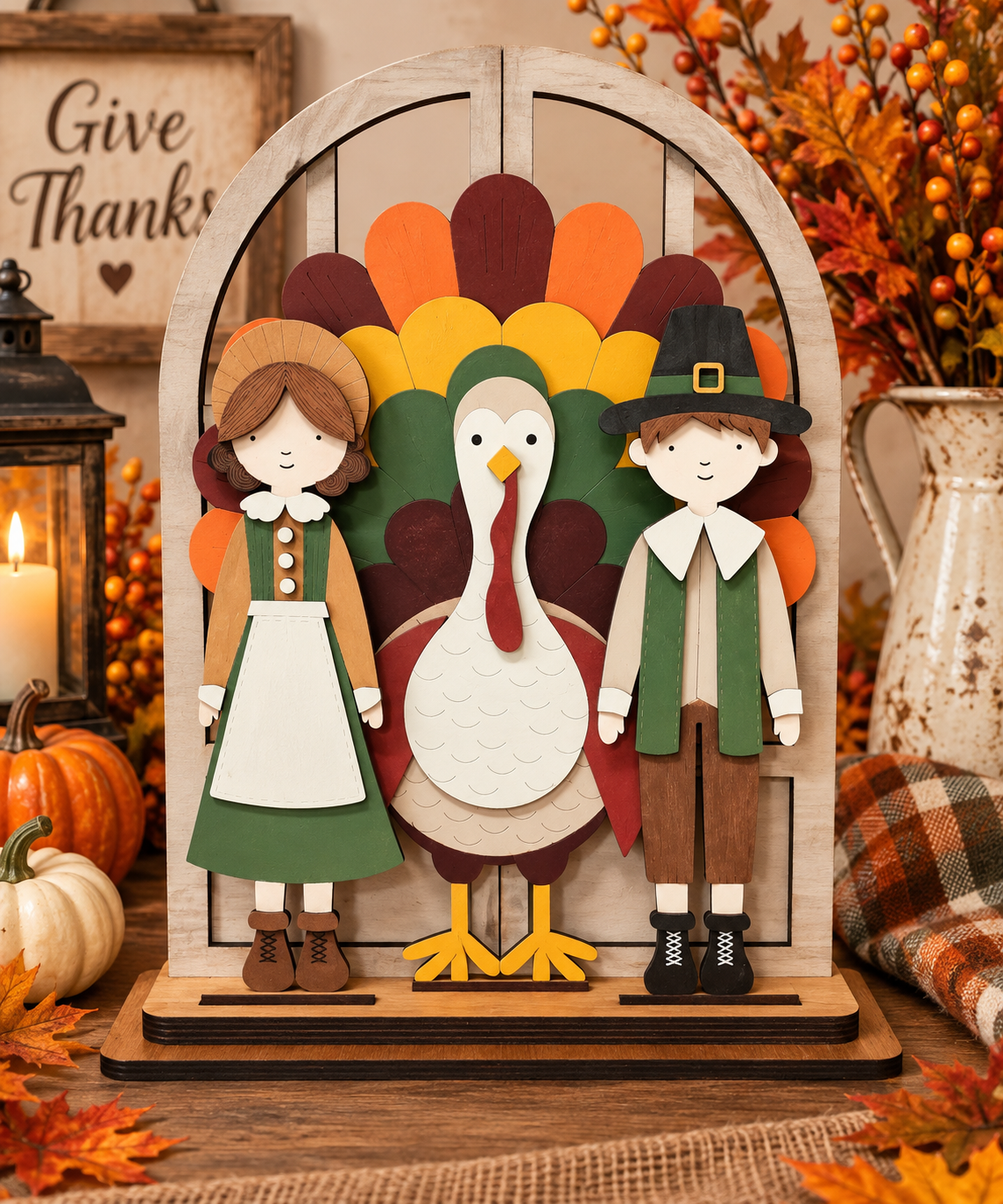 A decorative Thanksgiving-themed wooden cutout set featuring a turkey, a girl in a green dress, and a boy in a pilgrim outfit, displayed on a wooden arched window stand with autumn decor in the background.