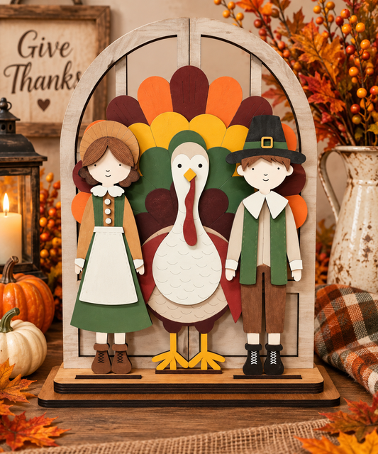 A decorative Thanksgiving-themed wooden cutout set featuring a turkey, a girl in a green dress, and a boy in a pilgrim outfit, displayed on a wooden arched window stand with autumn decor in the background.