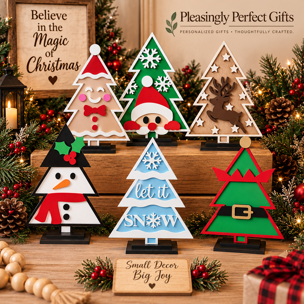 Christmas tree shelf sitter collection featuring assorted handcrafted holiday designs