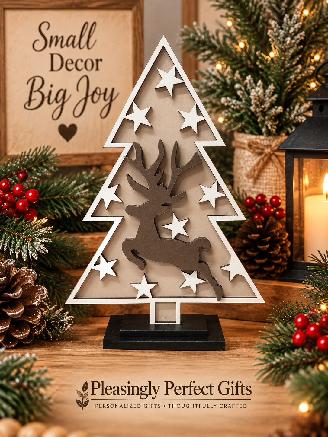 Reindeer Christmas tree shelf sitter with layered stars and wooden reindeer
