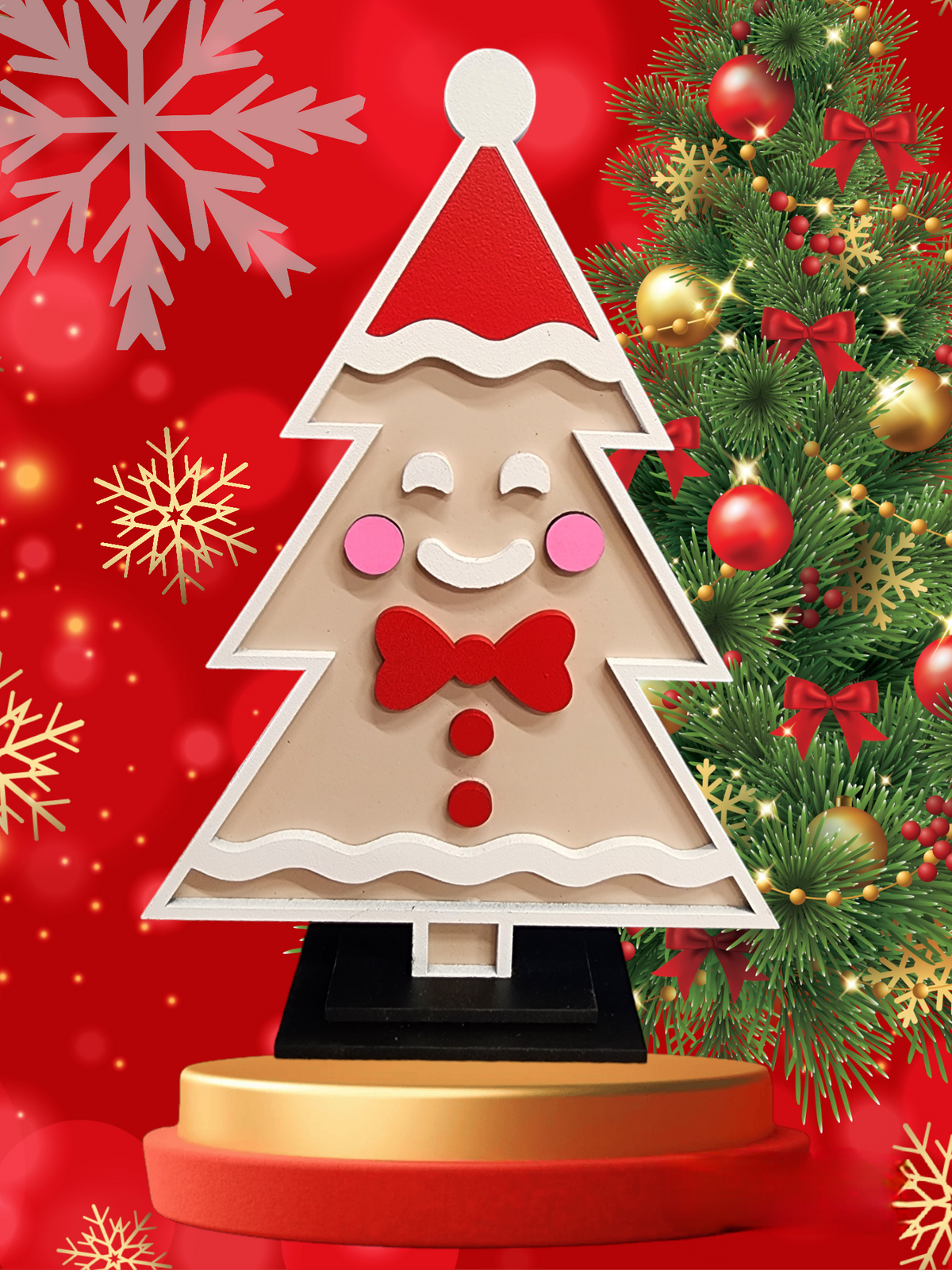 Gingerbread Christmas tree shelf sitter with layered wooden details