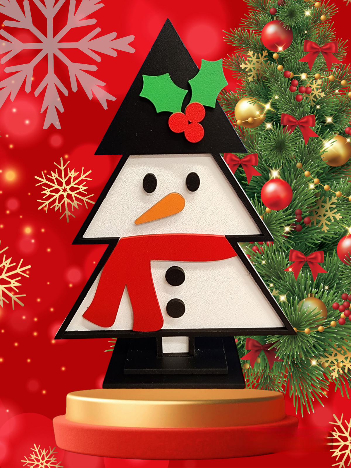 Snowman Christmas tree shelf sitter with red scarf and holly hat