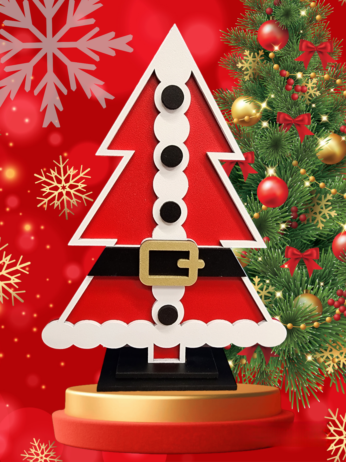 Santa suit Christmas tree shelf sitter with layered wooden details