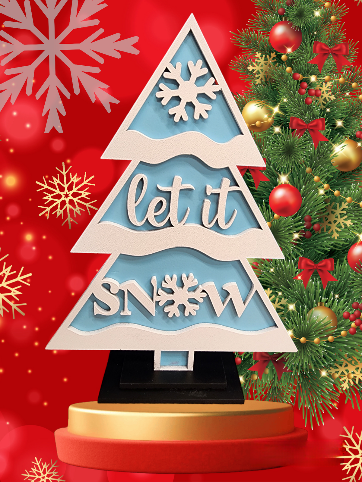 Let It Snow Christmas tree shelf sitter in blue and white