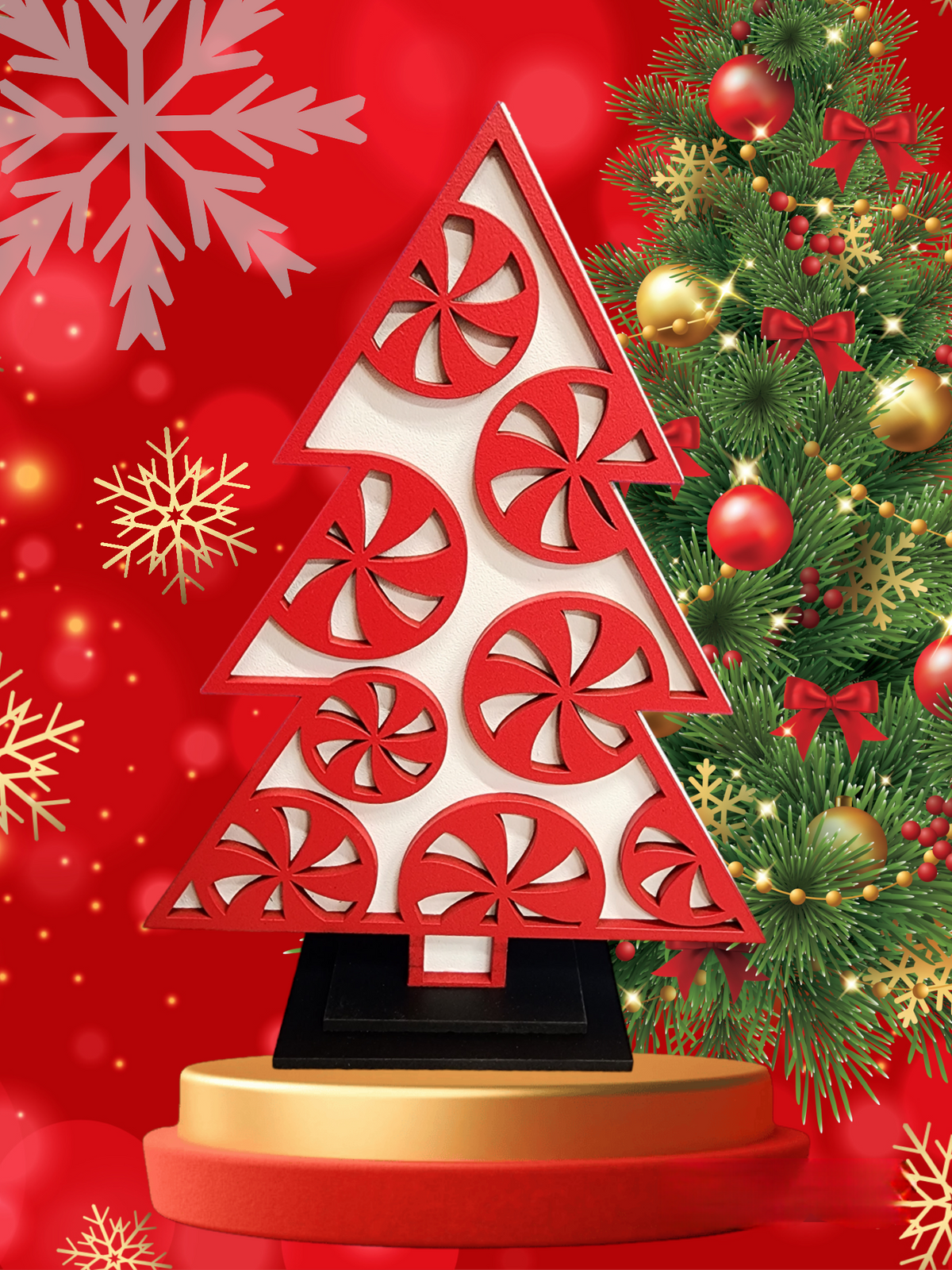 Peppermint Christmas tree shelf sitter with festive red and white details
