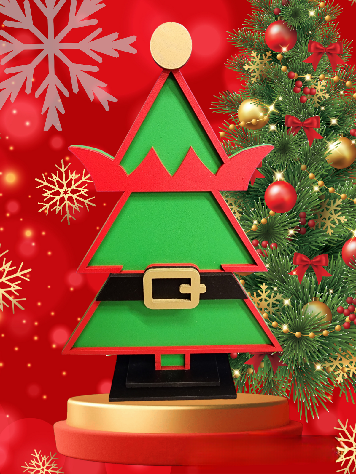 Elf suit Christmas tree shelf sitter with layered wooden details