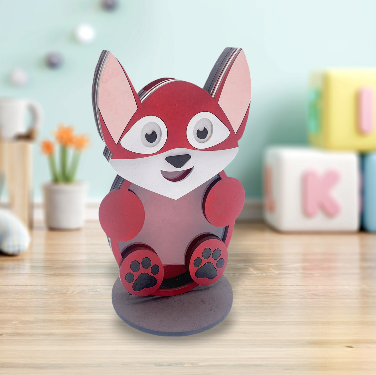 Wooden fox animal coin bank with clear acrylic front