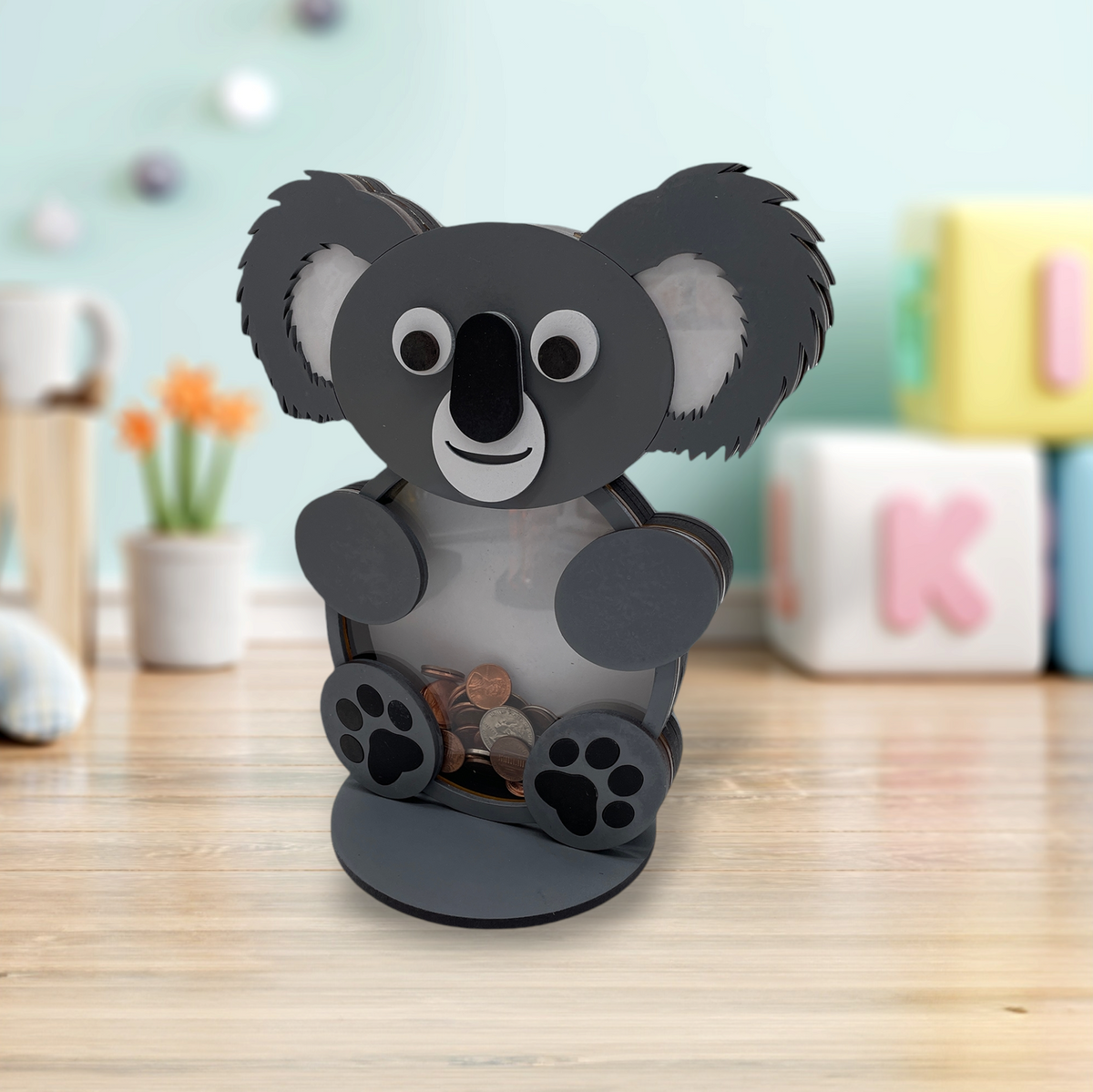 Wooden koala bear animal coin bank with clear acrylic front