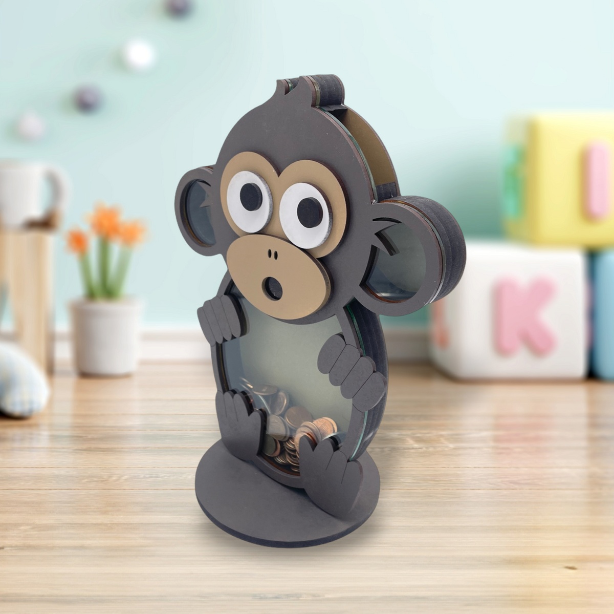 Wooden monkey animal coin bank with clear acrylic front