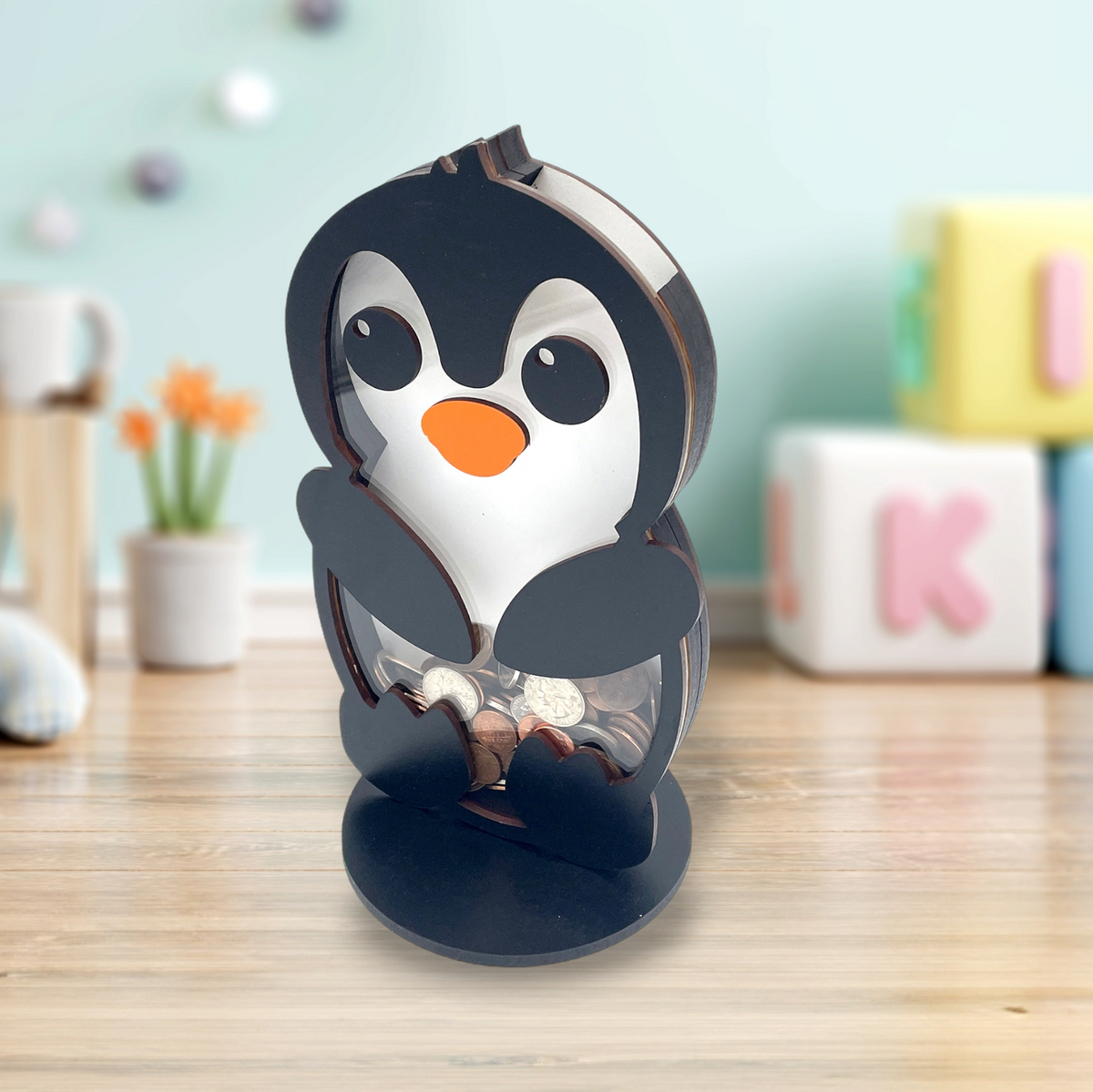 Wooden penguin animal coin bank with clear acrylic front