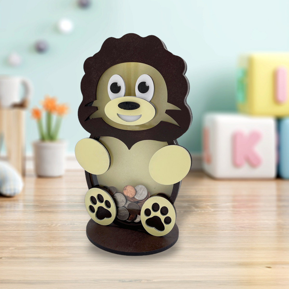 Wooden lion animal coin bank with clear acrylic front