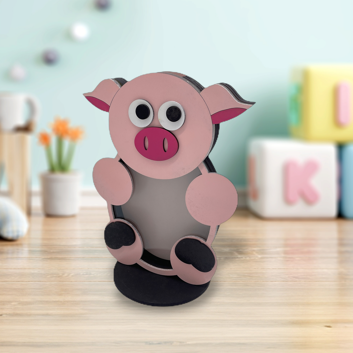 Wooden pig animal coin bank with clear acrylic front