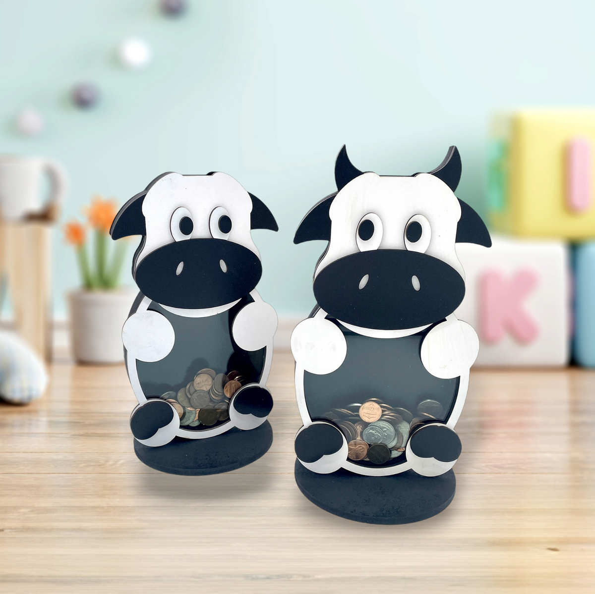 Wooden cow coin bank with horns and clear acrylic front
