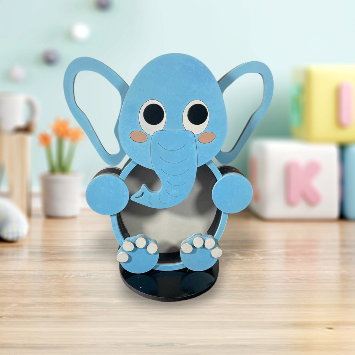 Wooden elephant animal coin bank with clear acrylic front