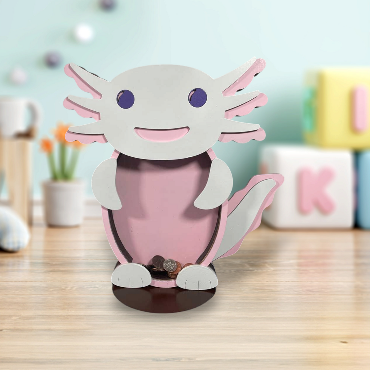 Wooden axolotl animal coin bank with clear acrylic front