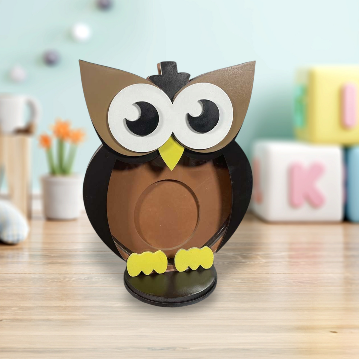 Wooden owl animal coin bank with clear acrylic front