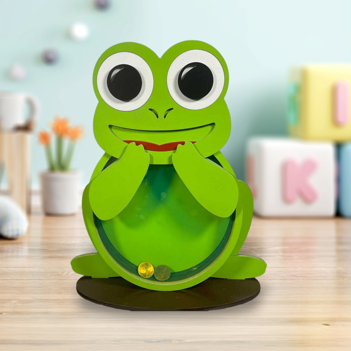 Wooden frog animal coin bank with clear acrylic front