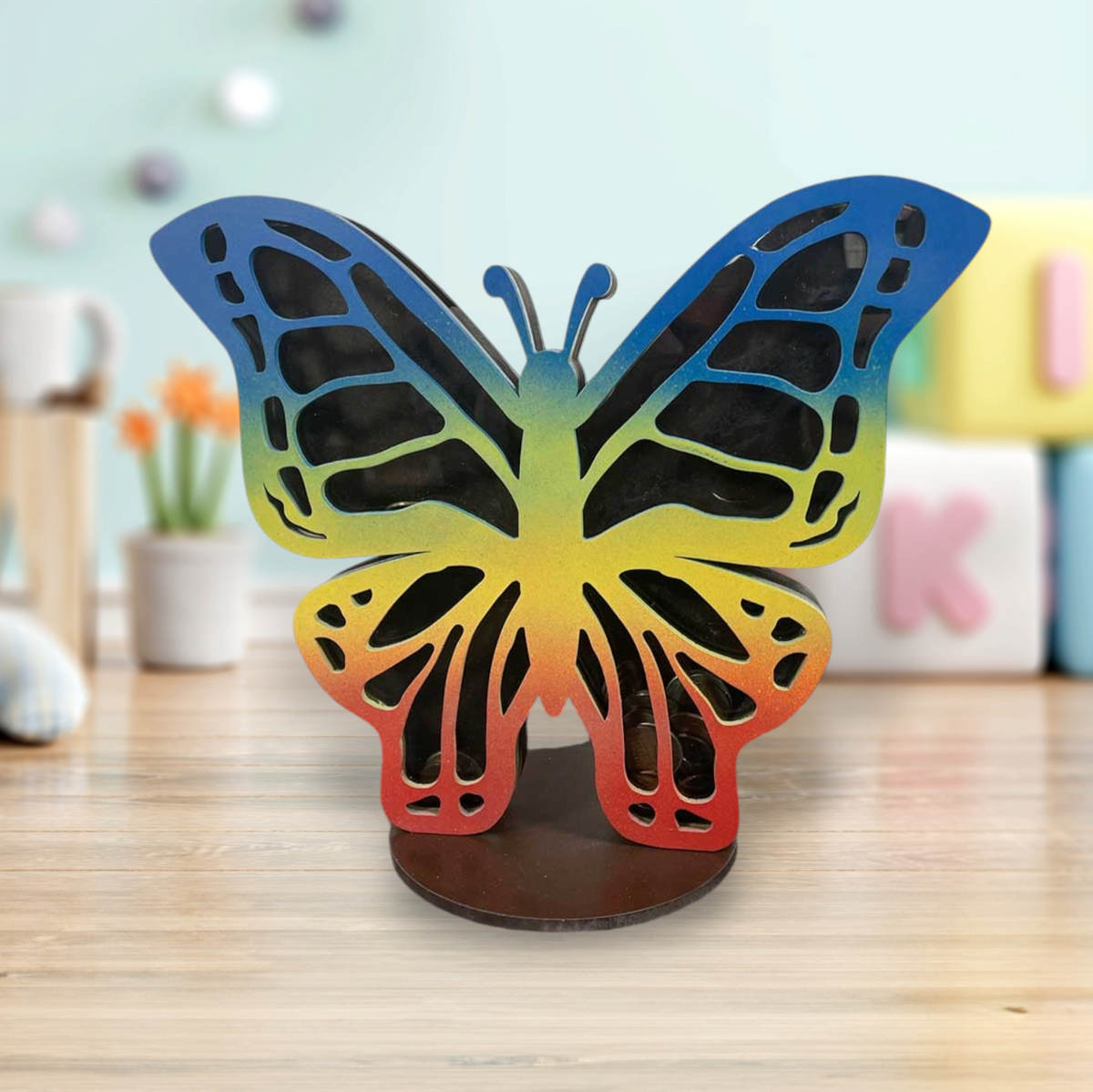 Wooden butterfly coin bank with clear acrylic front
