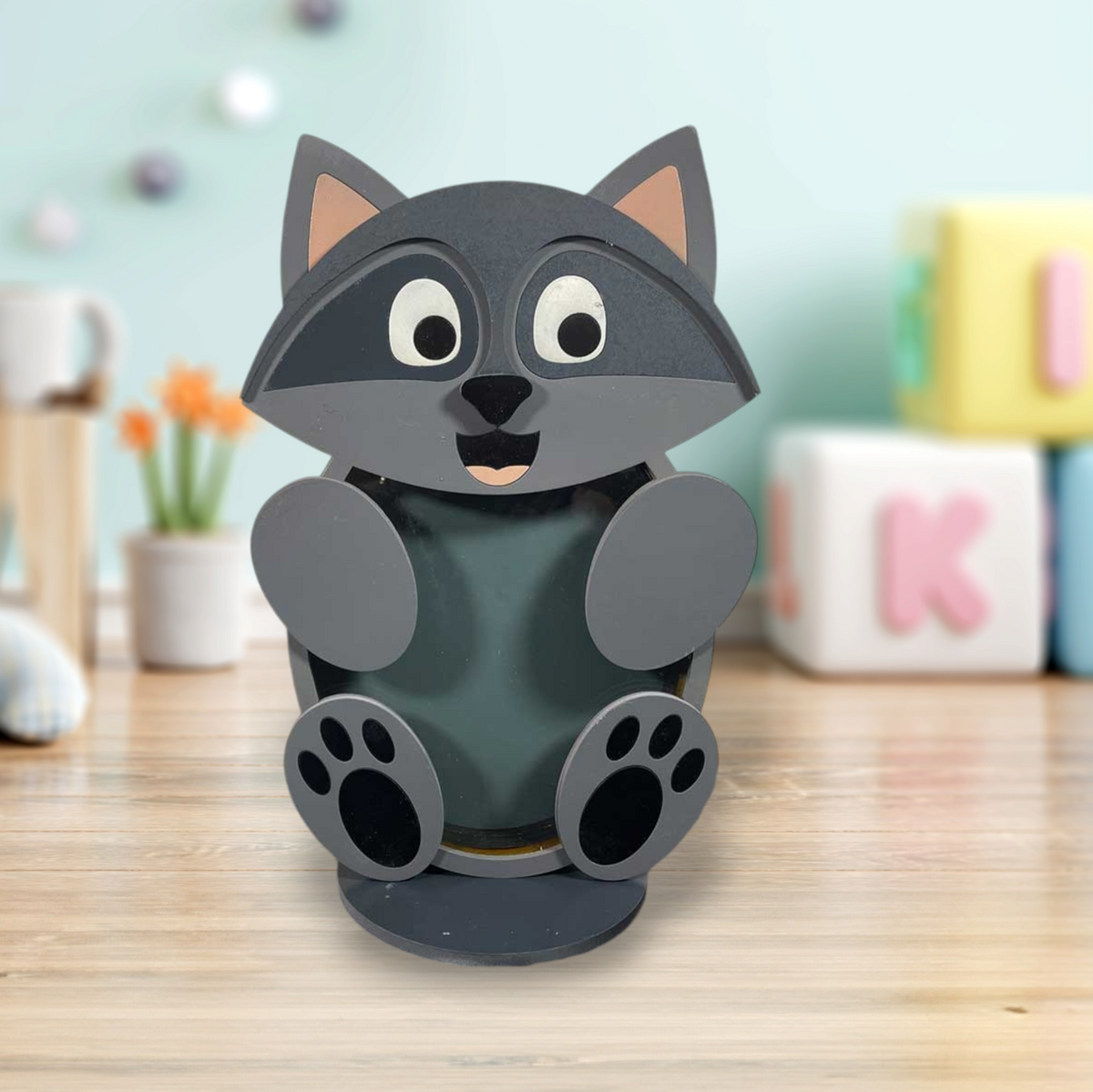 Wooden raccoon animal coin bank with clear acrylic front