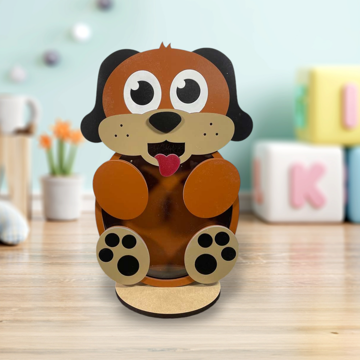 Wooden dog animal coin bank with clear acrylic front