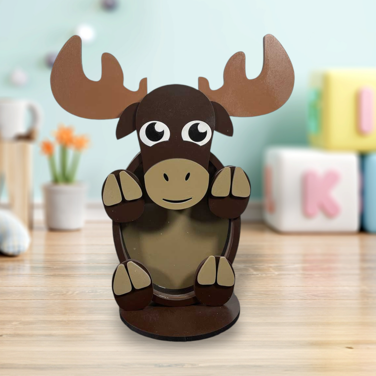 Wooden moose animal coin bank with clear acrylic front