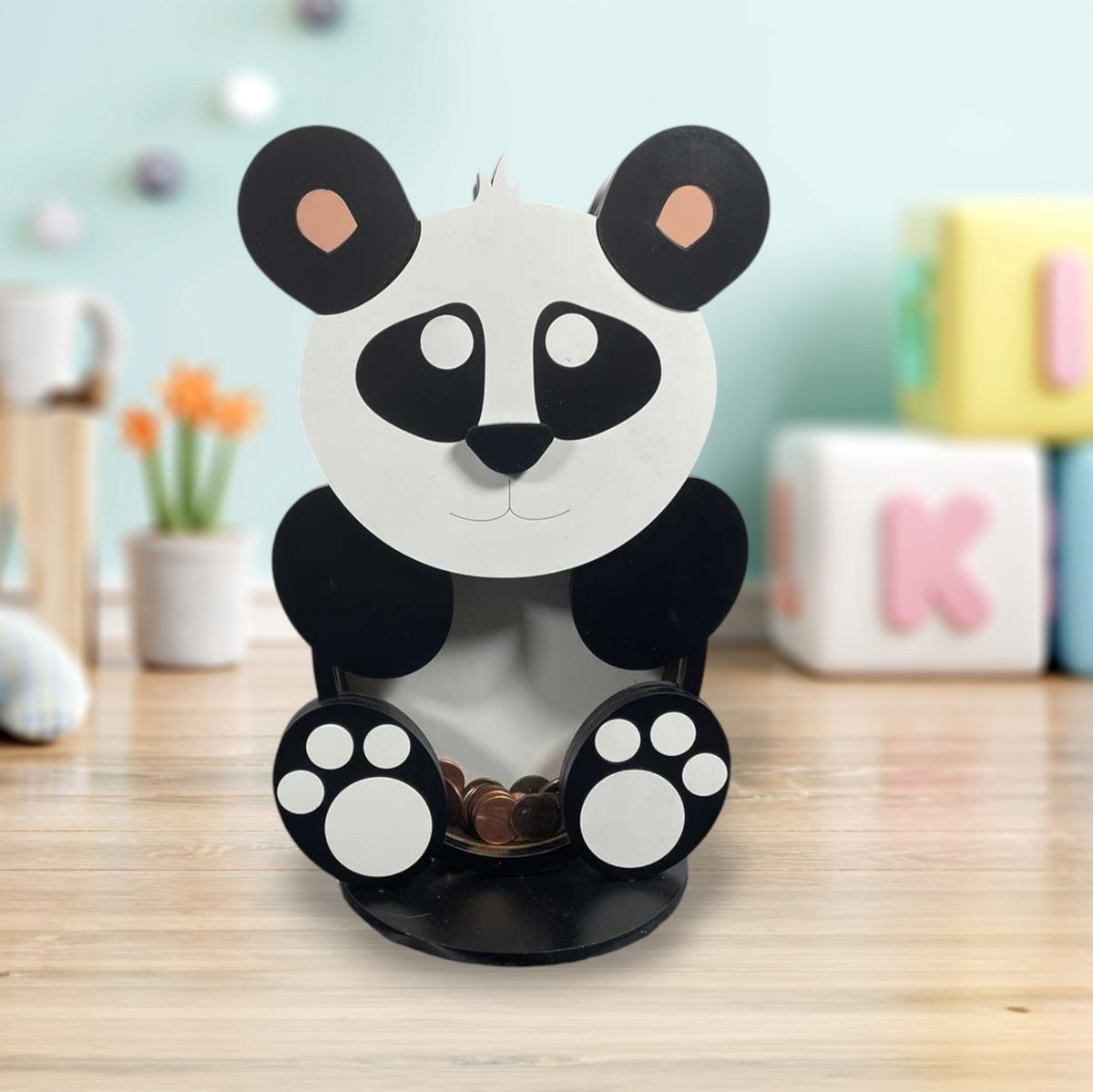 Wooden panda animal coin bank with clear acrylic front