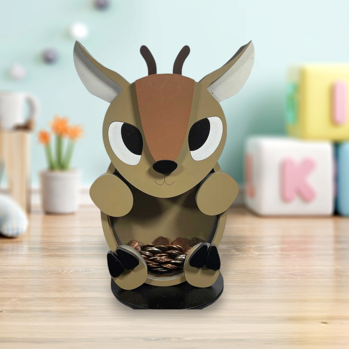 Wooden deer animal coin bank with clear acrylic front