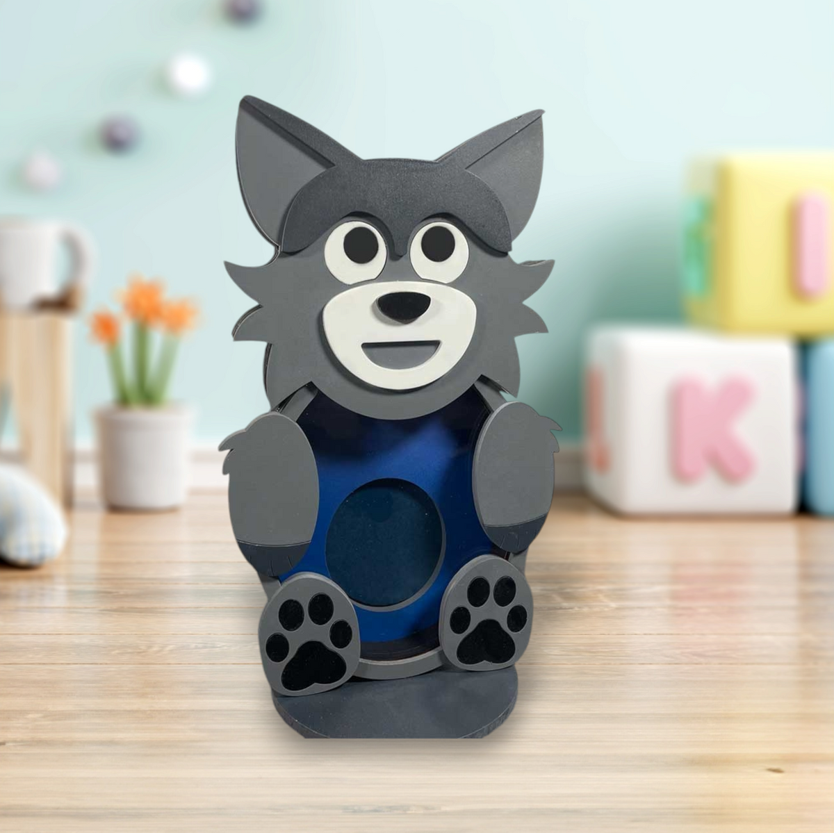 Wooden wolf animal coin bank with clear acrylic front