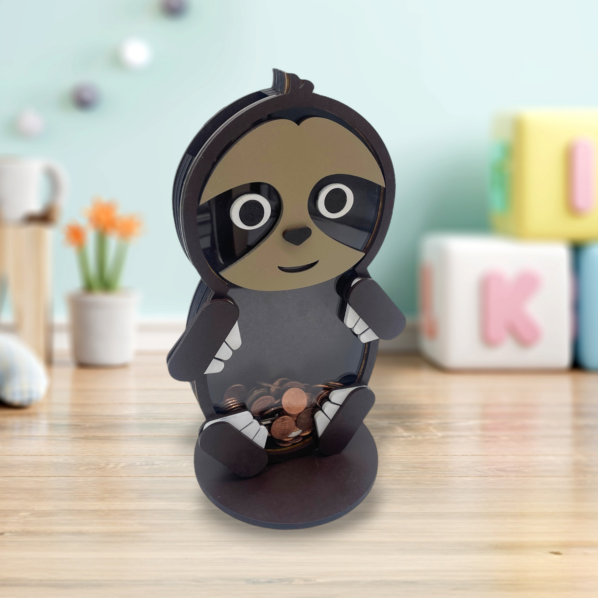 Wooden sloth animal coin bank with clear acrylic front