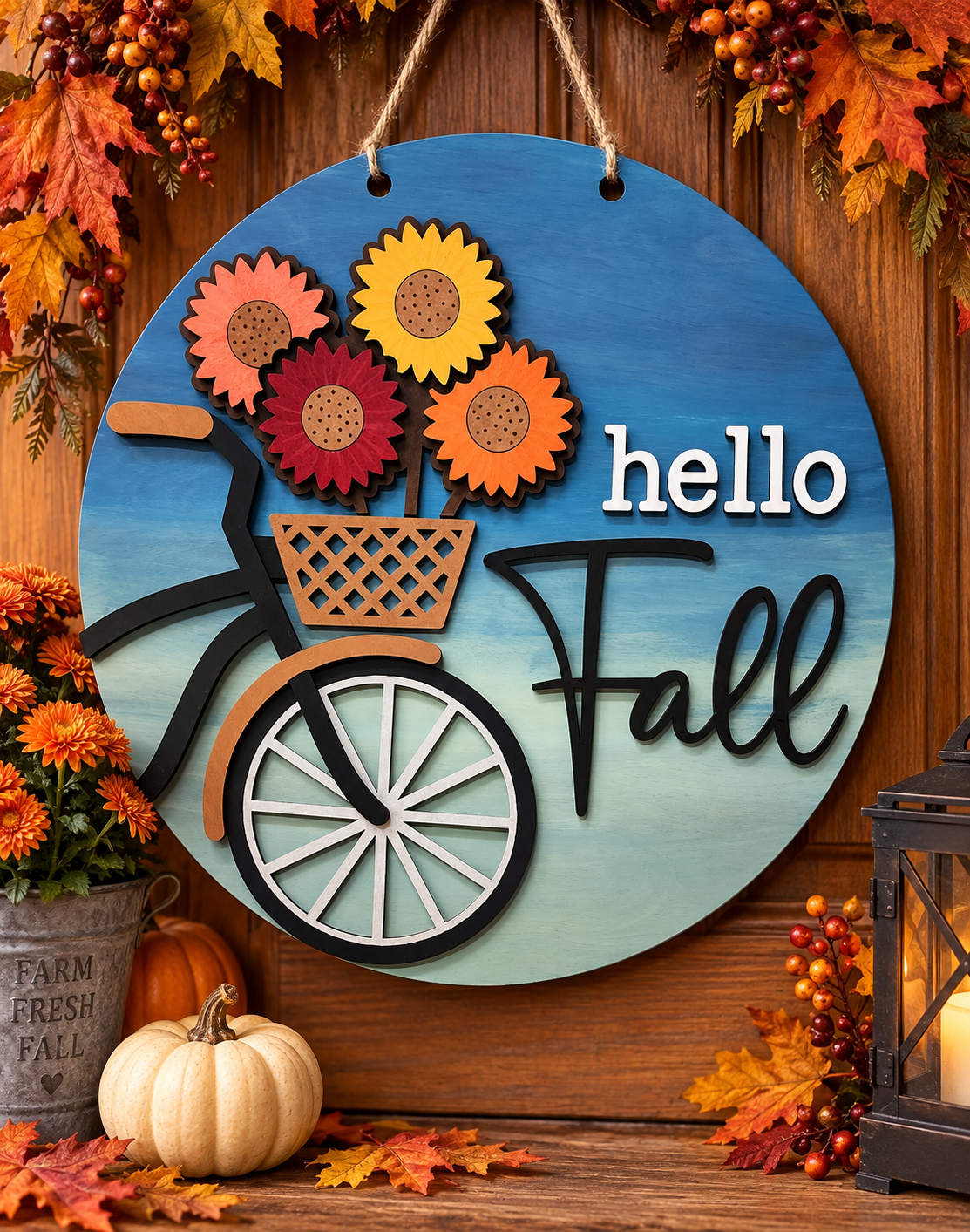 Round wooden 18" 'hello Fall' wall/door sign with a bicycle and sunflower design.